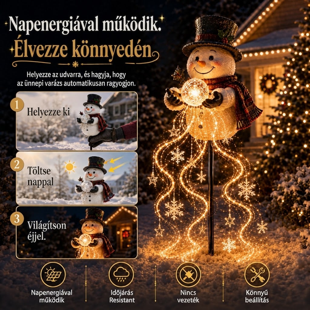 SnowfallGlow - Napelemes hóember kerti lámpa zuhatag hatással