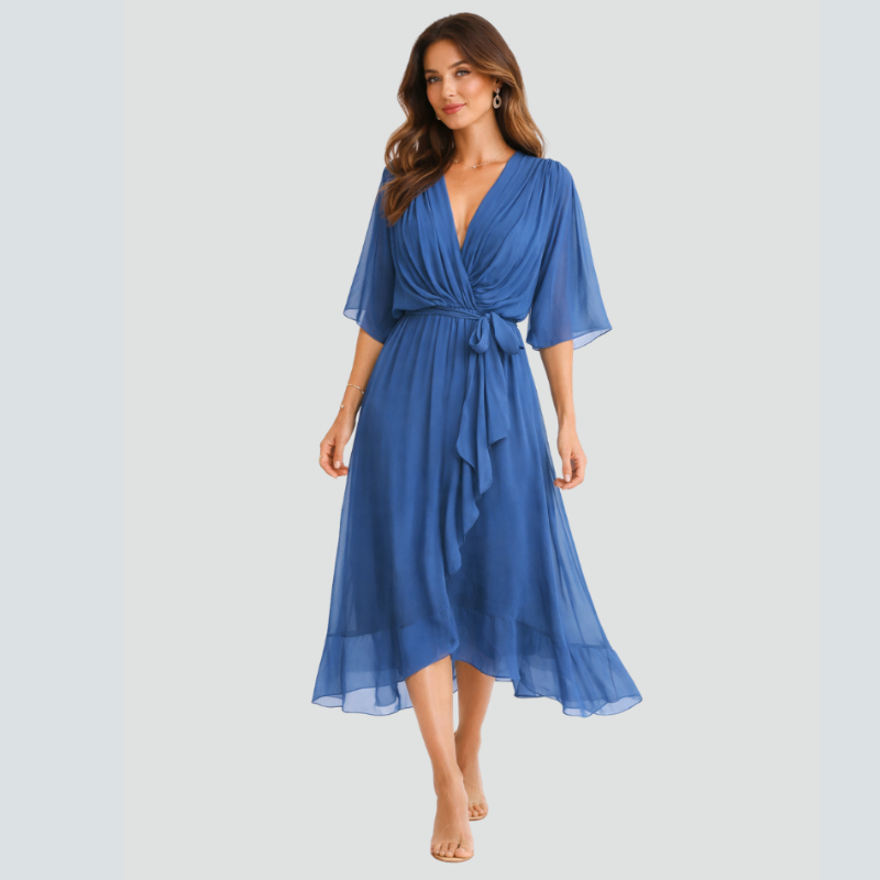 Elegant Midi Dress with V-Neck and Batwing Sleeves