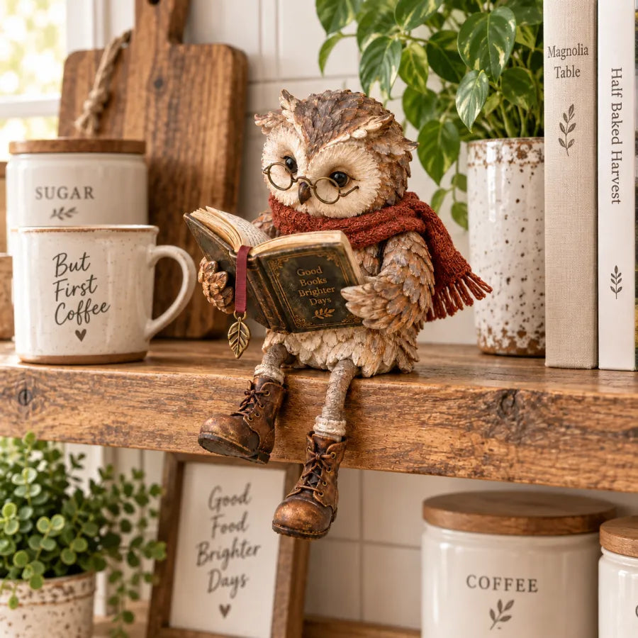 Owlfolio - Bagoly figura könyvvel lakásdekorációhoz
