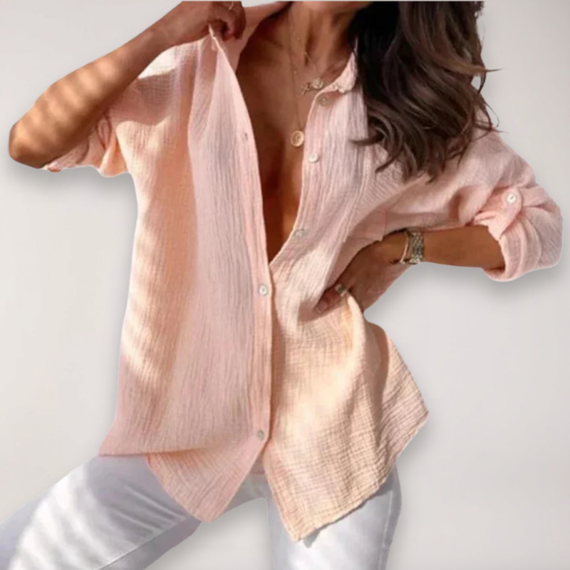 Women's Long Sleeve Button Blouse with Turn Down Collar