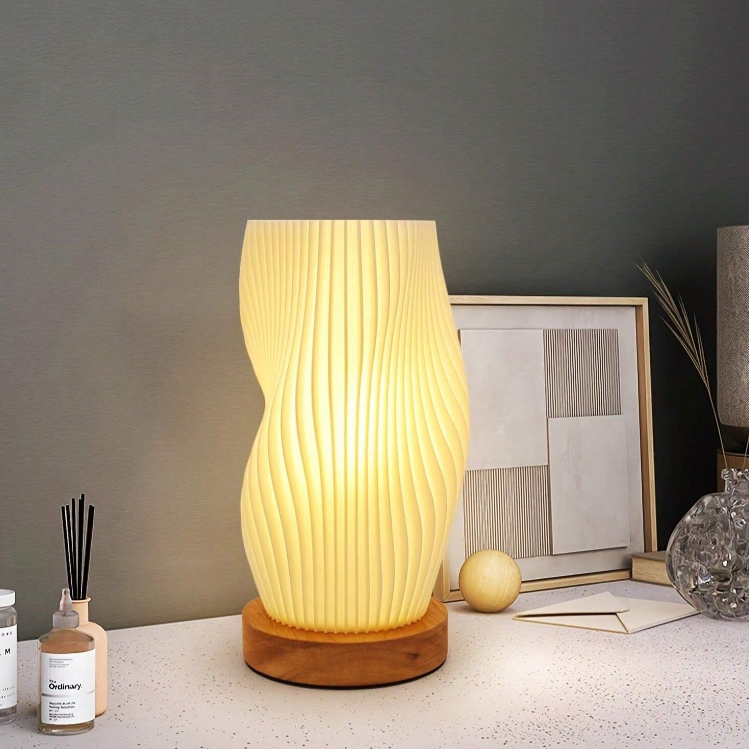 WaveLume - Pleated Table Lamp Sculptural Wavy Shade with Modern Statement Style | Soft Warm Ambient Glow with Lightweight Durable Build | Elegant Accent for Bedside, Desk or Shelves