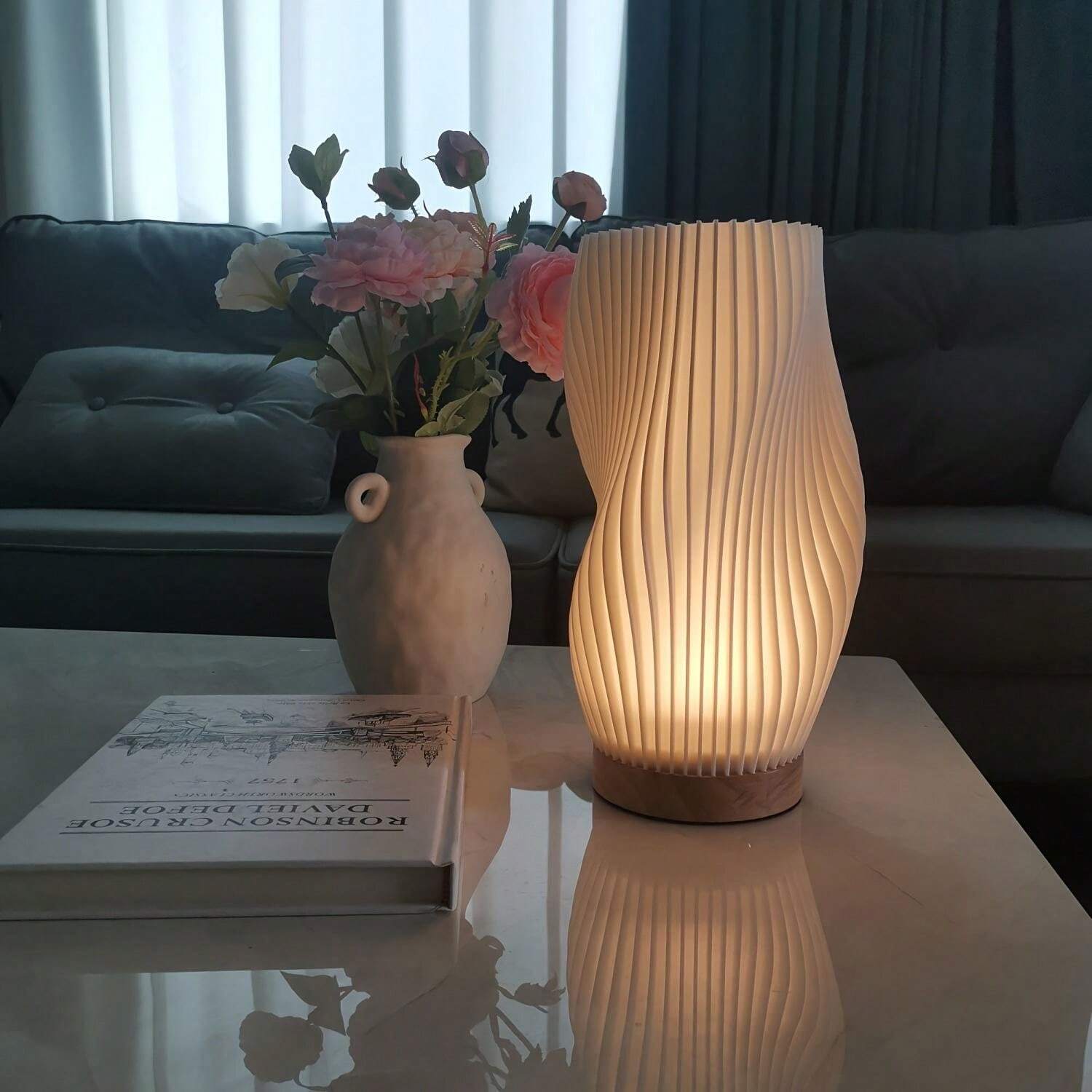 WaveLume - Pleated Table Lamp Sculptural Wavy Shade with Modern Statement Style | Soft Warm Ambient Glow with Lightweight Durable Build | Elegant Accent for Bedside, Desk or Shelves