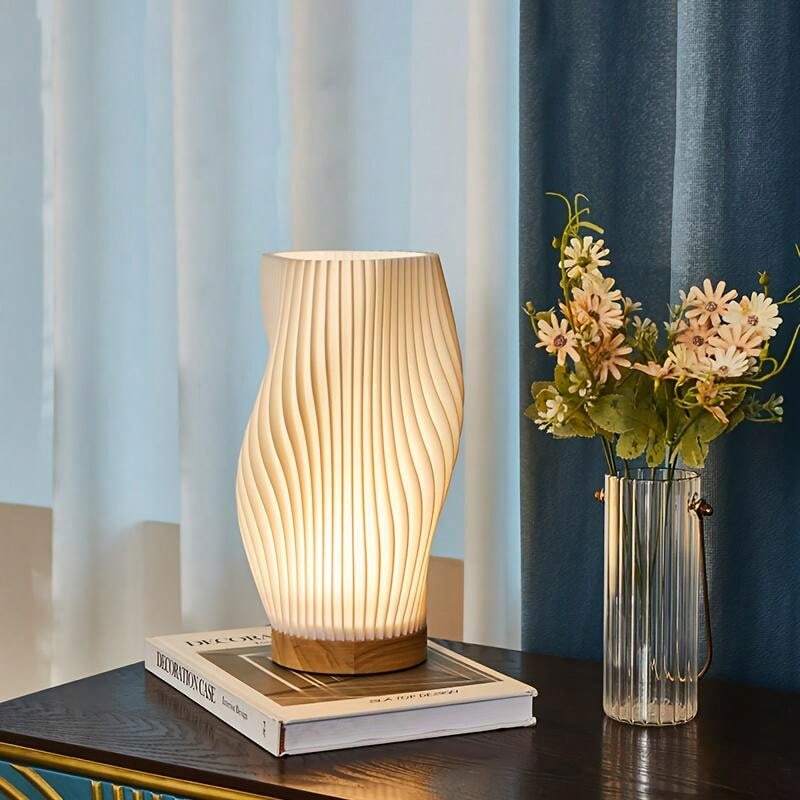 WaveLume - Pleated Table Lamp Sculptural Wavy Shade with Modern Statement Style | Soft Warm Ambient Glow with Lightweight Durable Build | Elegant Accent for Bedside, Desk or Shelves