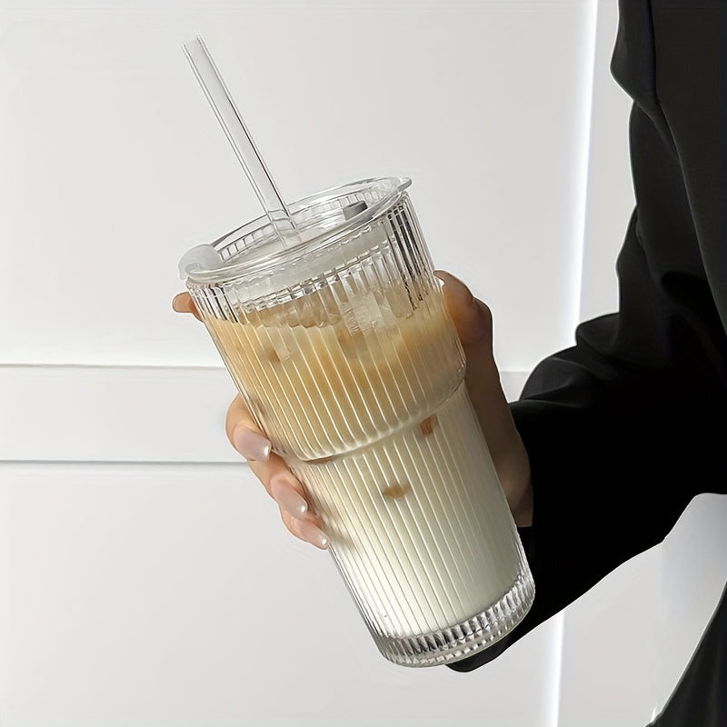 LuxeSip - Ribbed Glass Tumblers with Lid and Straw Durable Textured Glass for Stylish Everyday Drinks | Secure Lid and Reusable Straw for Spill-Free Refreshment | Perfect for Iced Coffee, Smoothies, and Juices
