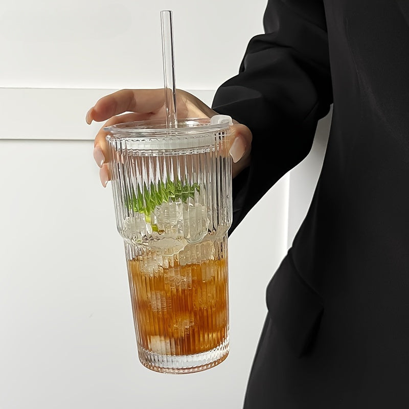 LuxeSip - Ribbed Glass Tumblers with Lid and Straw Durable Textured Glass for Stylish Everyday Drinks | Secure Lid and Reusable Straw for Spill-Free Refreshment | Perfect for Iced Coffee, Smoothies, and Juices