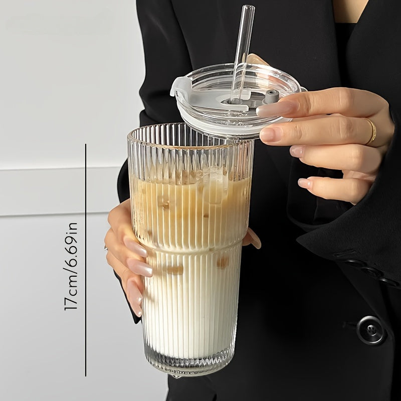 LuxeSip - Ribbed Glass Tumblers with Lid and Straw Durable Textured Glass for Stylish Everyday Drinks | Secure Lid and Reusable Straw for Spill-Free Refreshment | Perfect for Iced Coffee, Smoothies, and Juices