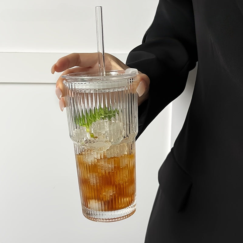 LuxeSip - Ribbed Glass Tumblers with Lid and Straw Durable Textured Glass for Stylish Everyday Drinks | Secure Lid and Reusable Straw for Spill-Free Refreshment | Perfect for Iced Coffee, Smoothies, and Juices
