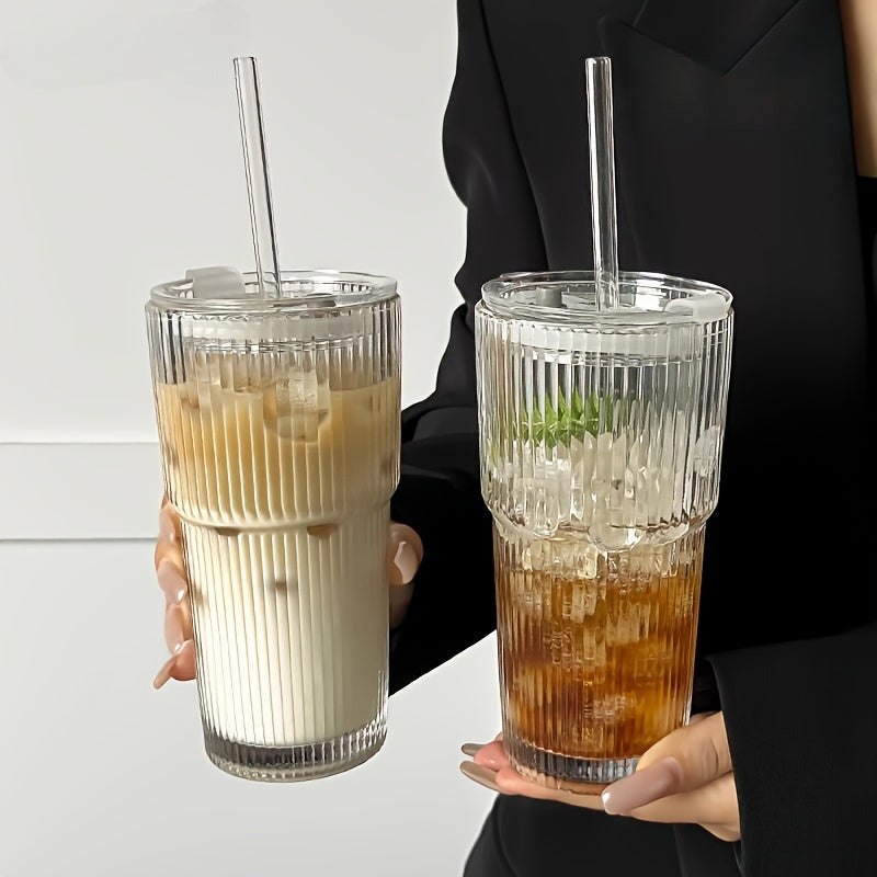 LuxeSip - Ribbed Glass Tumblers with Lid and Straw Durable Textured Glass for Stylish Everyday Drinks | Secure Lid and Reusable Straw for Spill-Free Refreshment | Perfect for Iced Coffee, Smoothies, and Juices