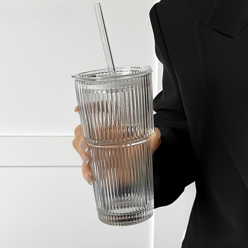 LuxeSip - Ribbed Glass Tumblers with Lid and Straw Durable Textured Glass for Stylish Everyday Drinks | Secure Lid and Reusable Straw for Spill-Free Refreshment | Perfect for Iced Coffee, Smoothies, and Juices