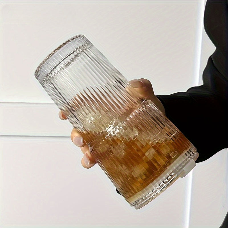 LuxeSip - Ribbed Glass Tumblers with Lid and Straw Durable Textured Glass for Stylish Everyday Drinks | Secure Lid and Reusable Straw for Spill-Free Refreshment | Perfect for Iced Coffee, Smoothies, and Juices