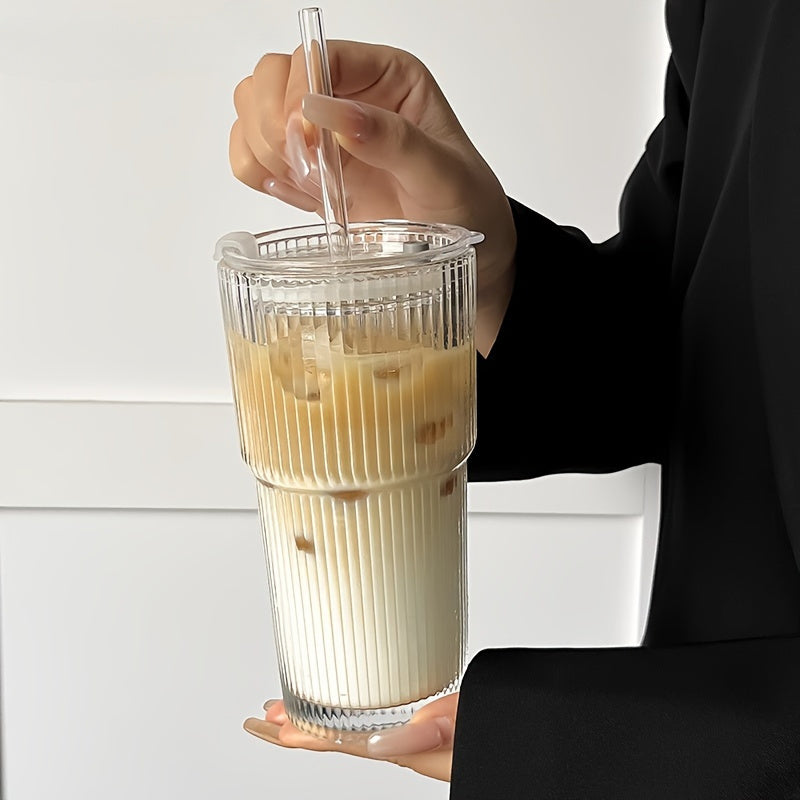 LuxeSip - Ribbed Glass Tumblers with Lid and Straw Durable Textured Glass for Stylish Everyday Drinks | Secure Lid and Reusable Straw for Spill-Free Refreshment | Perfect for Iced Coffee, Smoothies, and Juices