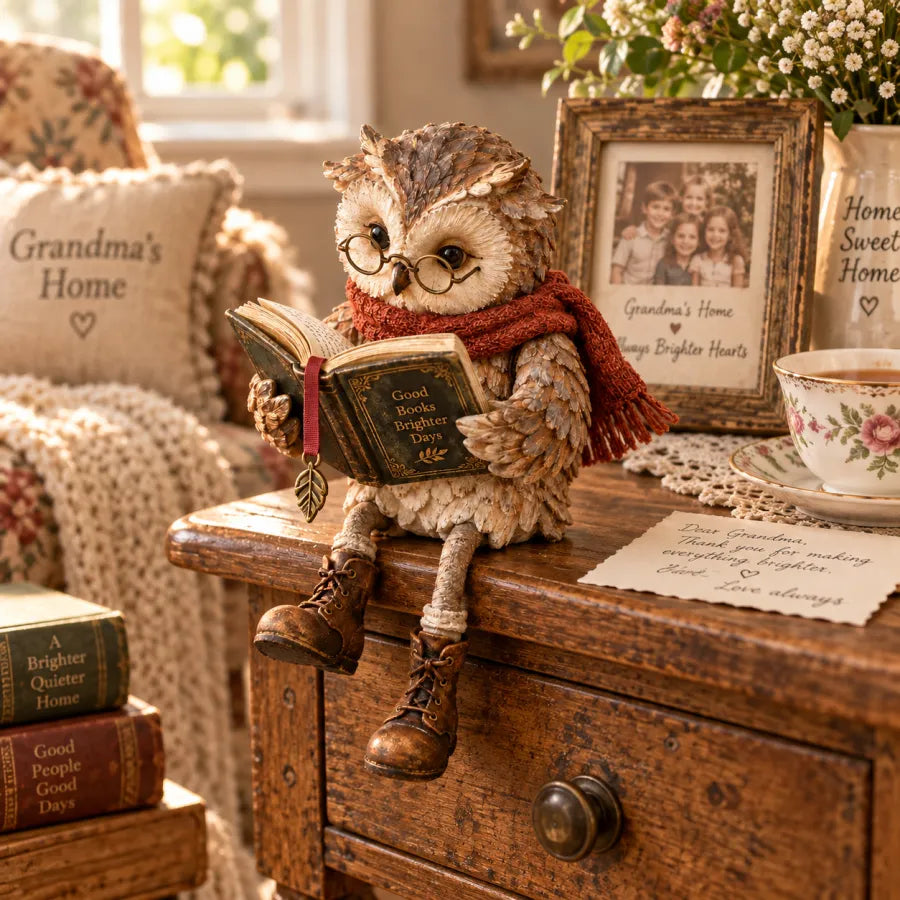 Owlfolio - Bagoly figura könyvvel lakásdekorációhoz