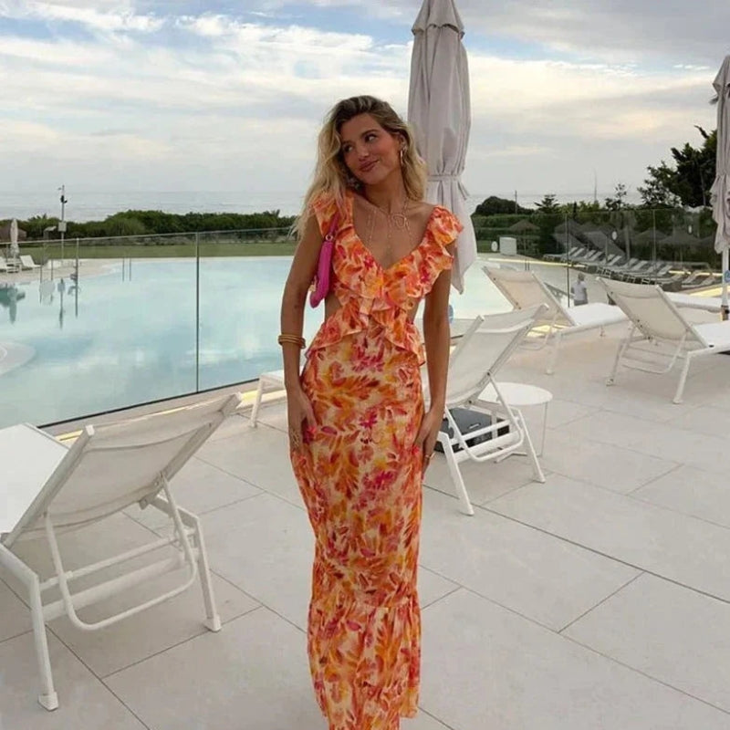 Women's Ruffled V-Neck Long Dress