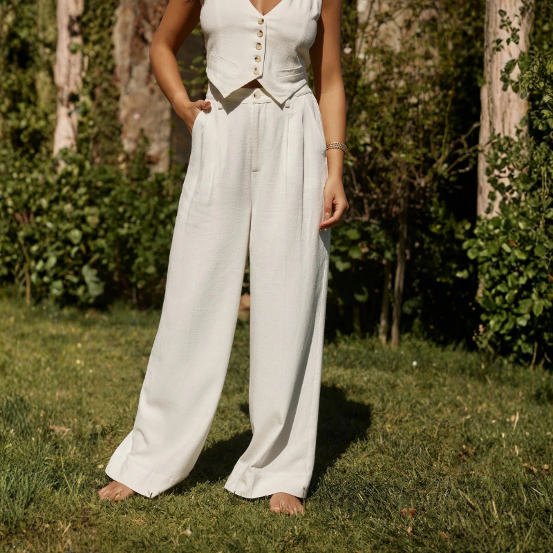Stylish Women's V Neck Crop Top and Wide Leg Trouser Set