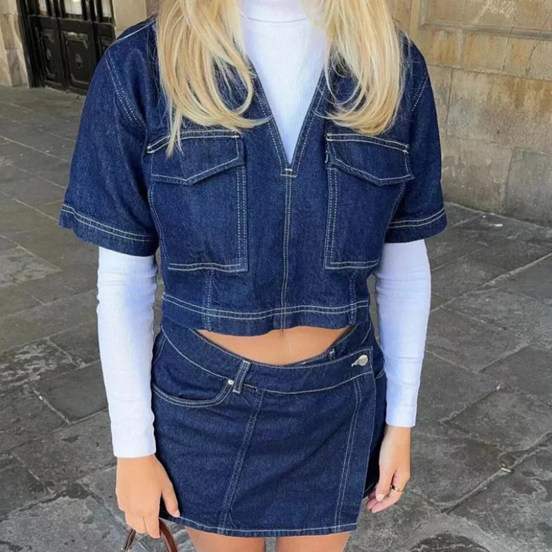 Two-Piece Denim Outfit with V-Neck Top