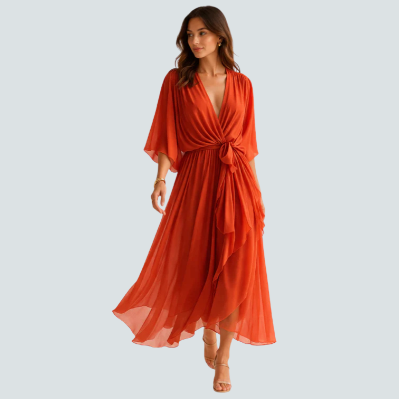 Elegant Midi Dress with V-Neck and Batwing Sleeves