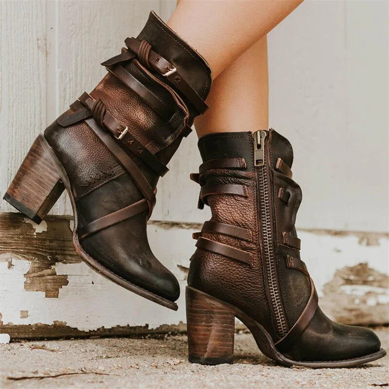 Women's Ankle Boots with Double Buckle Straps