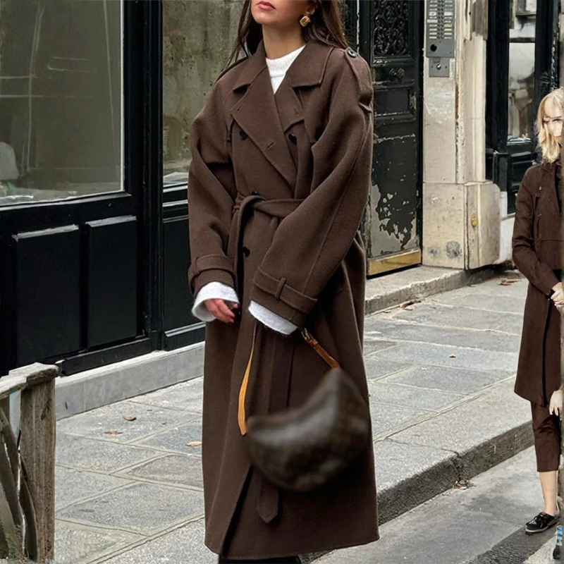 Belted Double Button Long Coat
