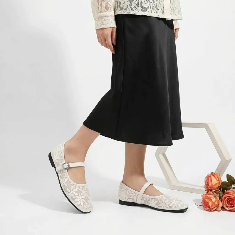 Square-Toe Ballerina Flats with Embroidered Flowers
