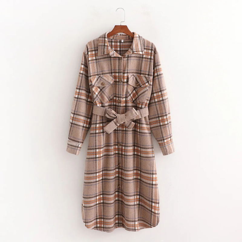 Women's Plaid Overcoat with Belted Waist