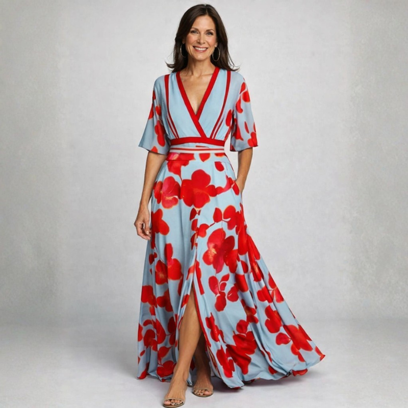 Elegant Floral Maxi Dress with V Neck
