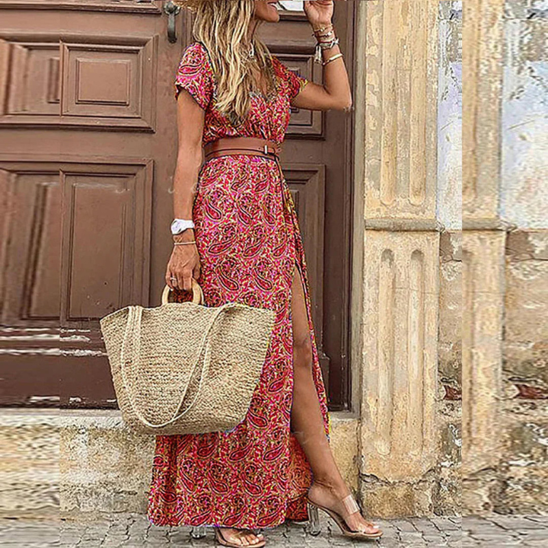 Women's Floral Print Maxi Dress with Belted Waist