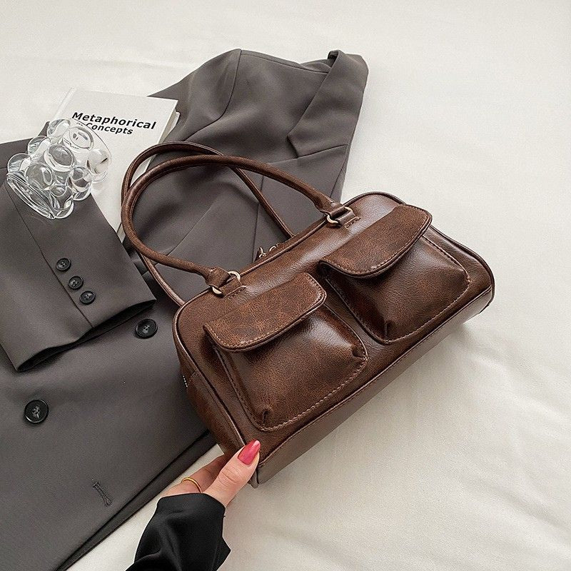 Multi Pocket Zip Leather Handbag