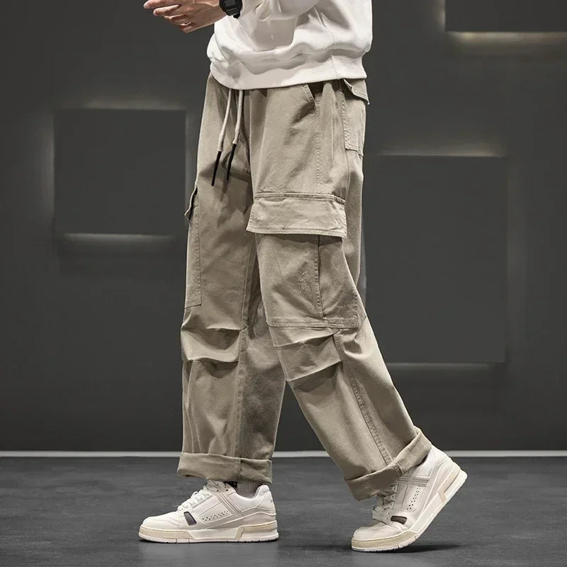 Men's Wide Leg Cargo Pants with Drawstring Waist and Pockets