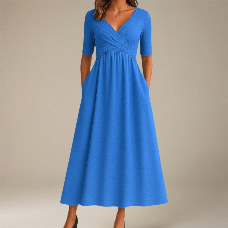 Women’s V-Neck Midi Dress with Side Pockets