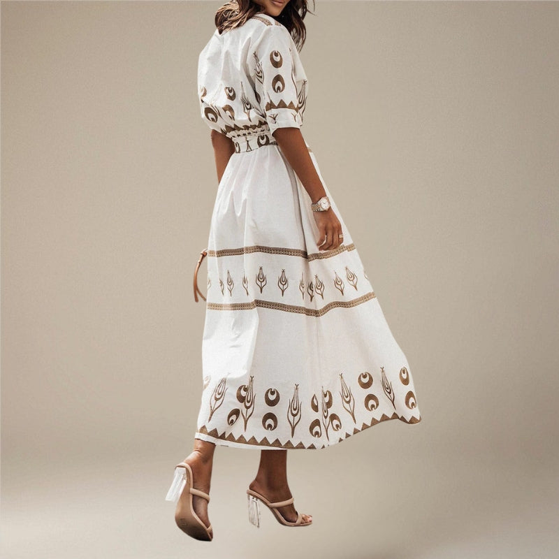 Women’s Long Sleeve Belted Printed Midi Dress