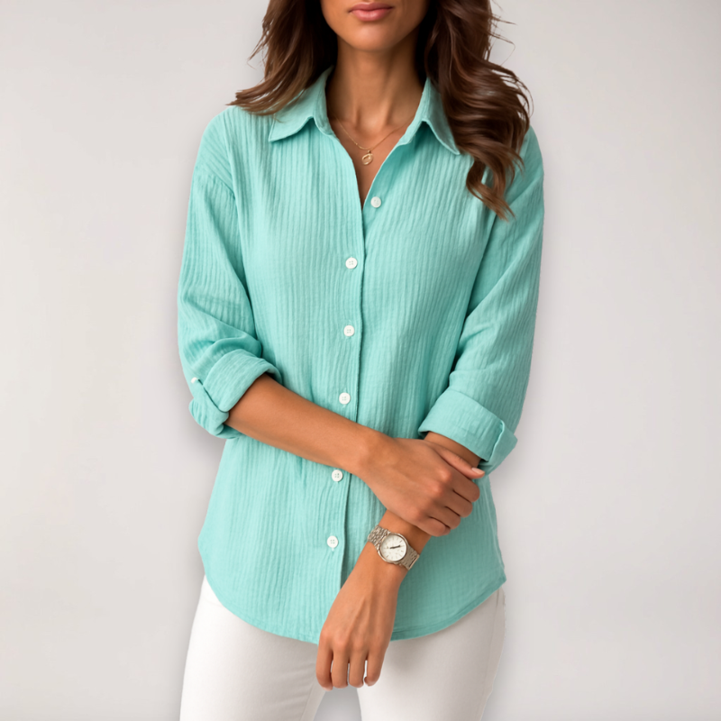 Women's Long Sleeve Button Blouse with Turn Down Collar