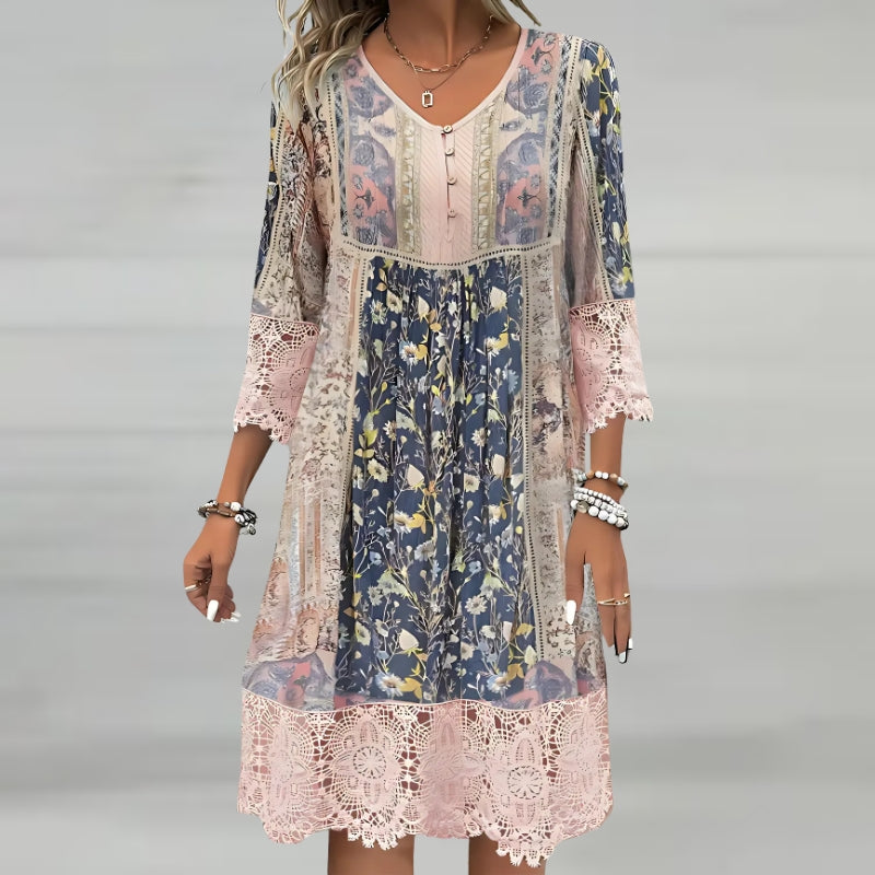 Women's Printed Midi Dress with V-Neck and Long Sleeves
