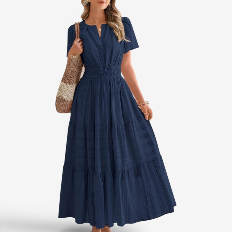 Women's Wrap Waist Midi Dress with Short Sleeves