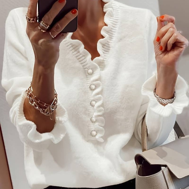 Women’s Ruffled Front Blouse with Decorative Buttons