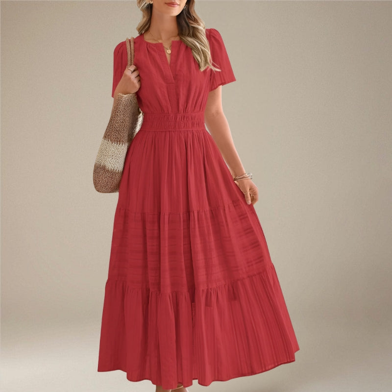 Women's Wrap Waist Midi Dress with Short Sleeves