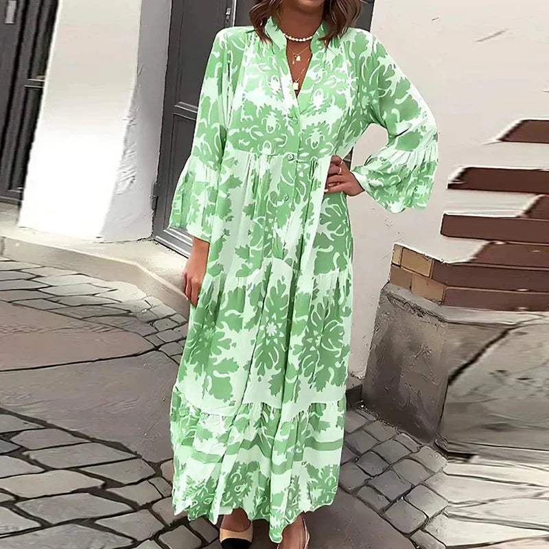 Women's Printed Midi Dress with V-Neck and Long Sleeves