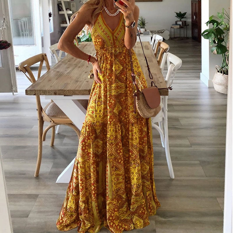 Women’s Long Draped V-Neck High Waist Dress