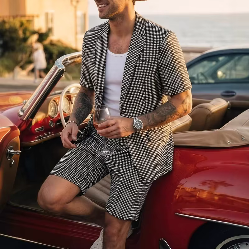 Men's Stylish Plaid Blazer and Trousers Set