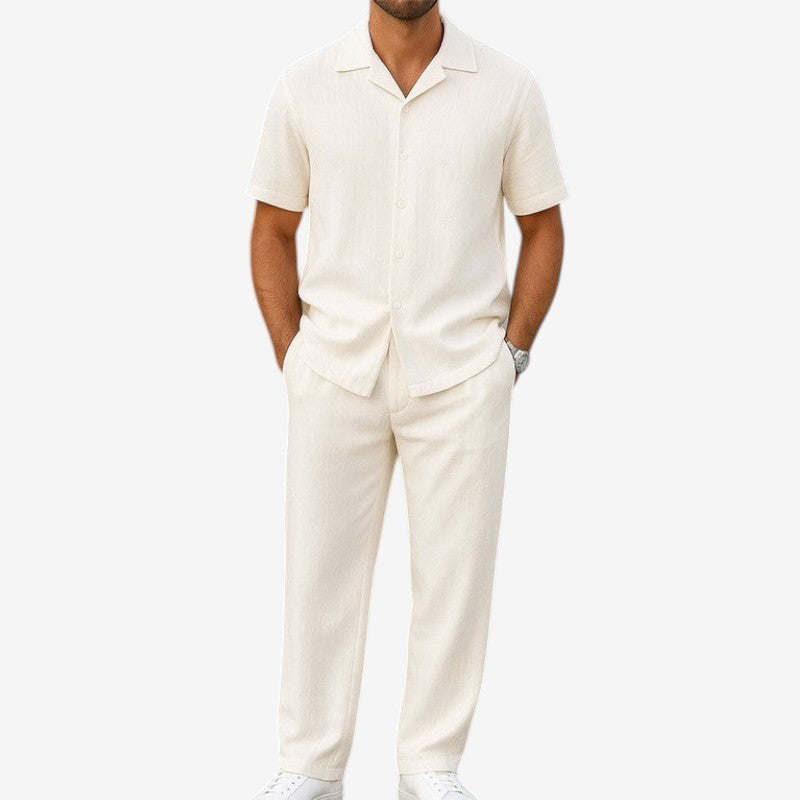 Men's Relaxed Two Piece Set with Buttoned Shirt and Wide Leg Trousers