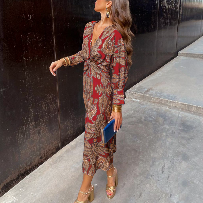 Women's Floral V-Neck Long Sleeve Dress