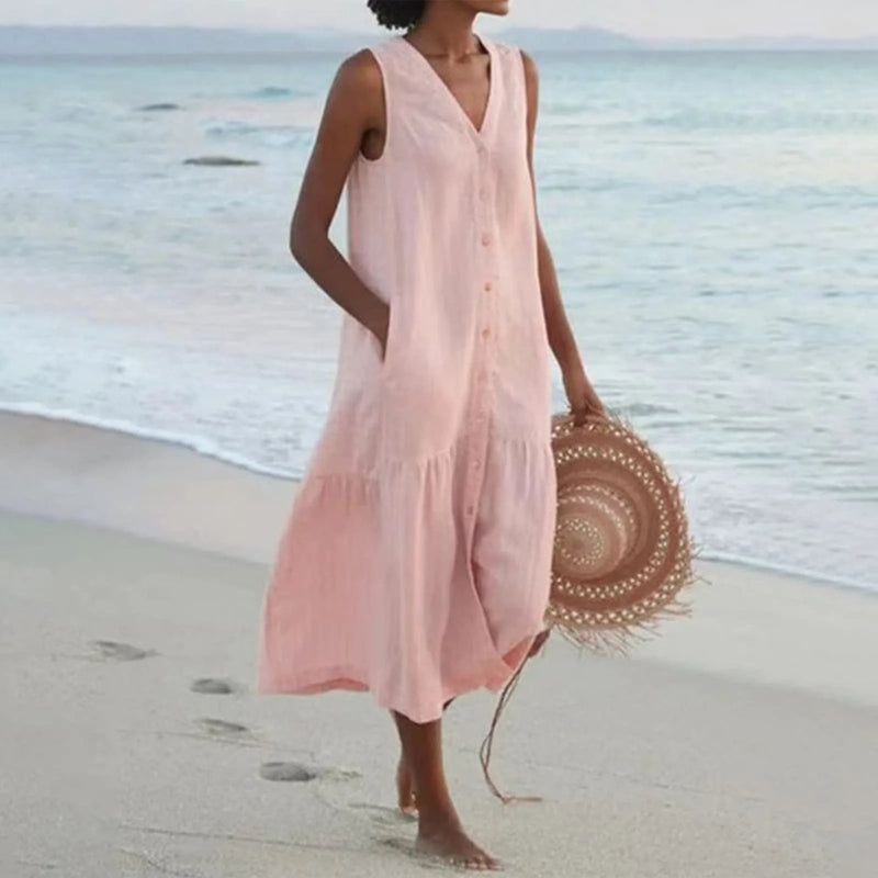 V-Neck Button Sleeveless Mini Dress
