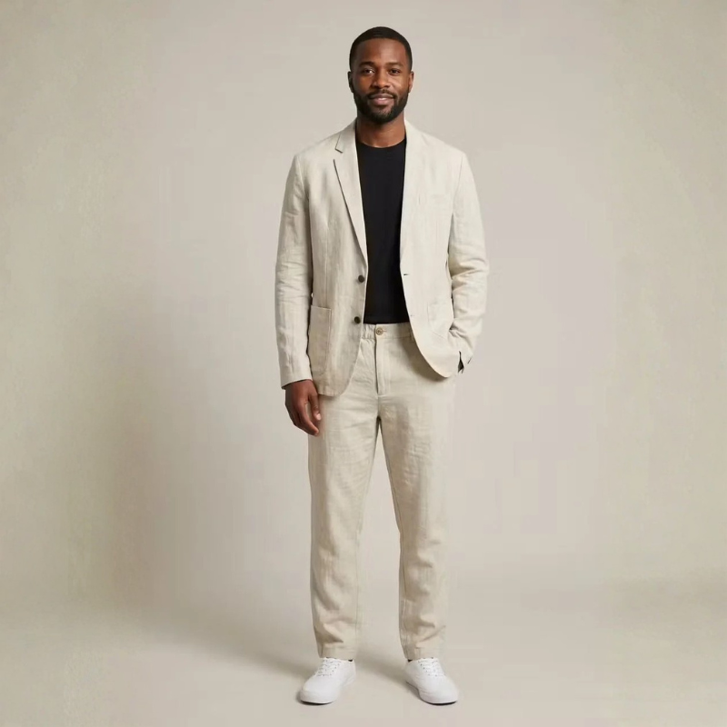 Men's Contemporary Linen Blazer and Wide Leg Pants Set