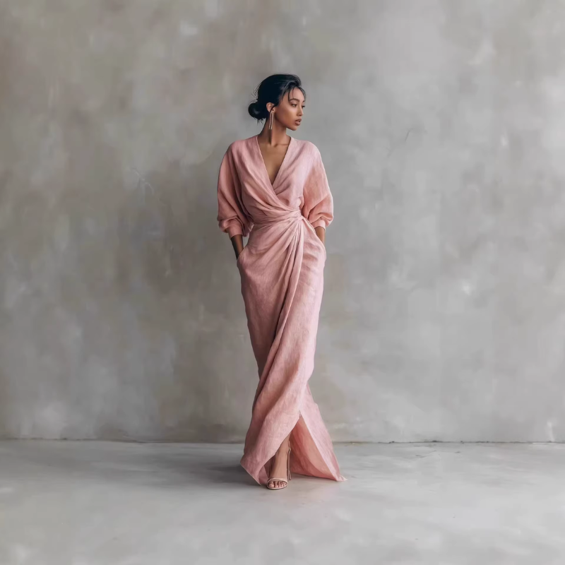 Women's Elegant V Neck Maxi Dress with Wrap Waist