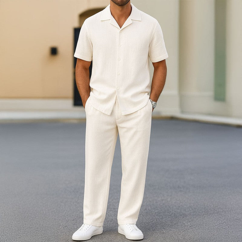 Men's Relaxed Two Piece Set with Buttoned Shirt and Wide Leg Trousers