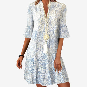 Printed V-Neck Short Sleeve Dress