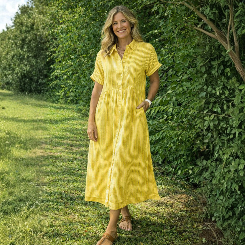 Women's Classic Striped Midi Shirt Dress with Button Front