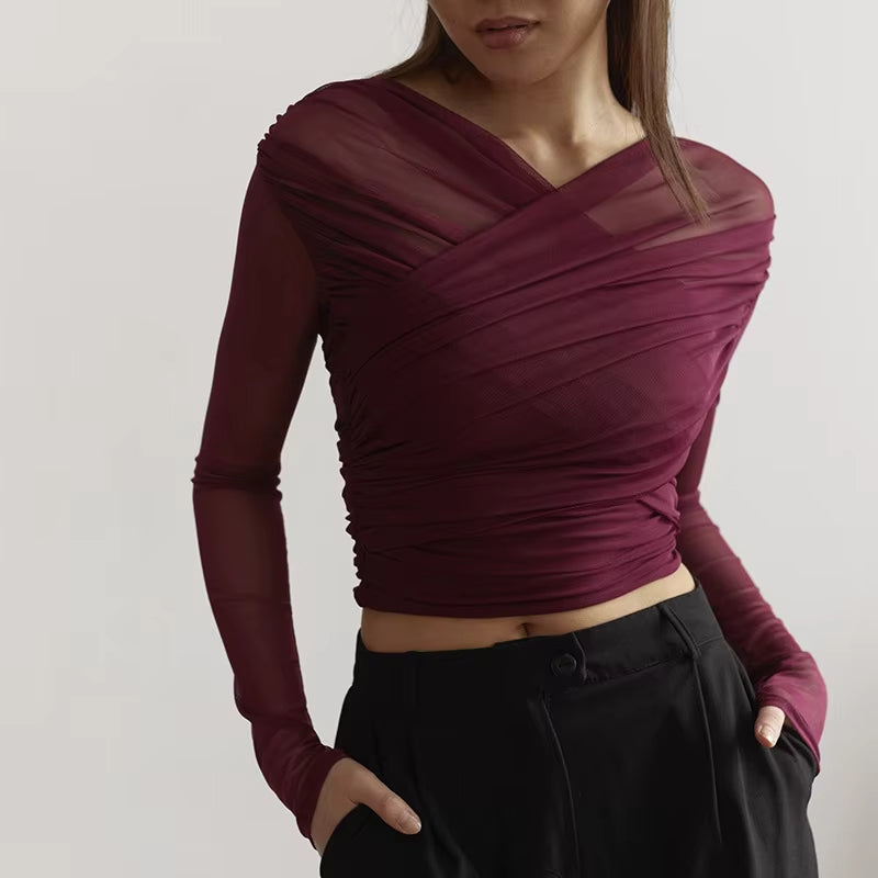 Long-Sleeved Crossover Collar Crop Top