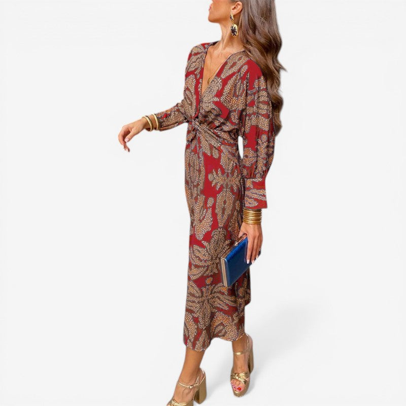 V-Neck Long Sleeve Floral Dress