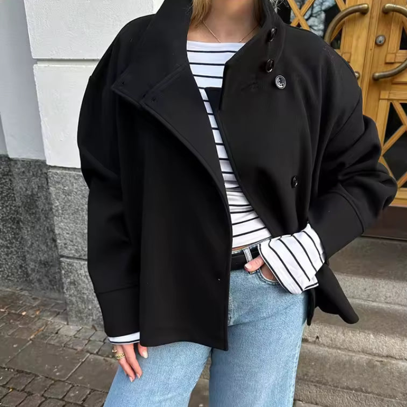 Womens Button Front Stand Collar Coat