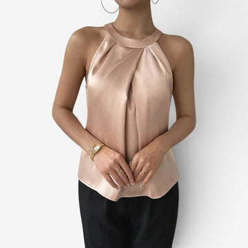 Women's Sleeveless Satin Draped Pleated Blouse